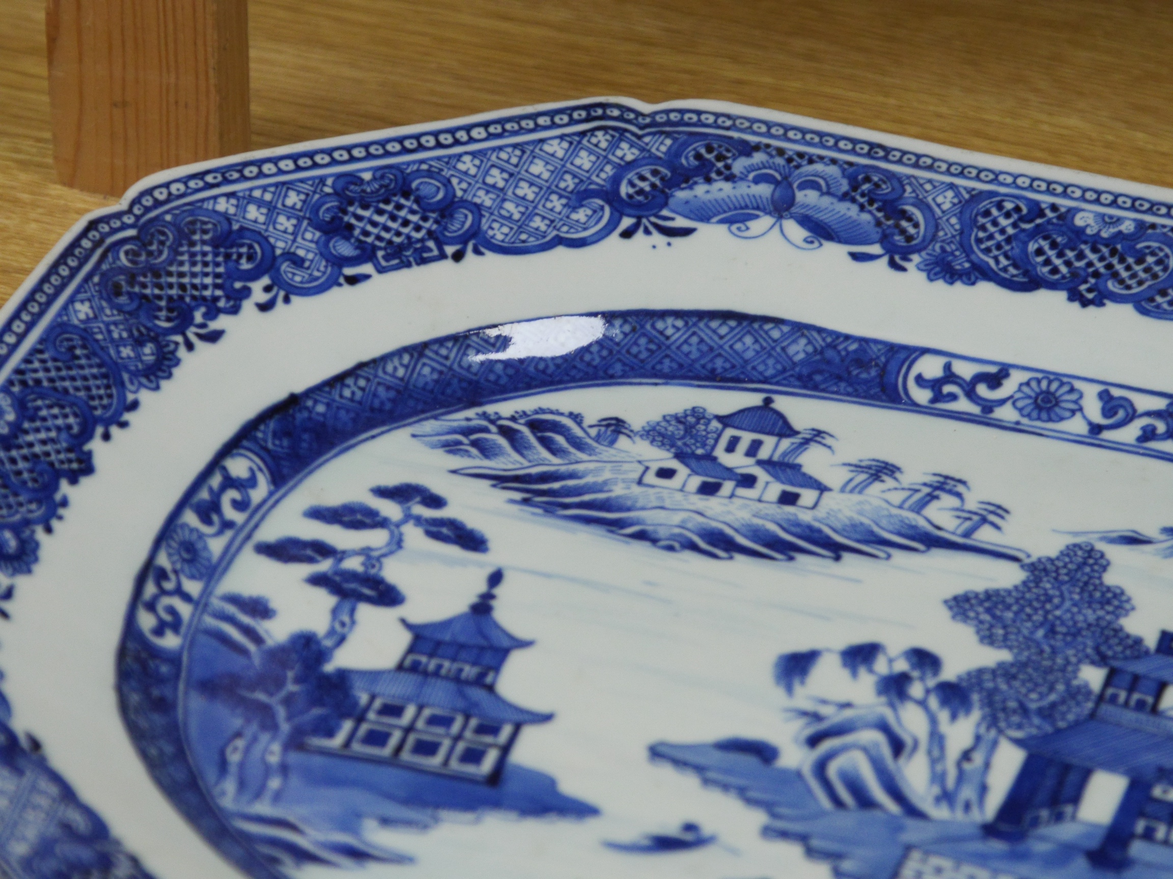 Two 18th century Chinese blue and white octagonal meat dishes, 44cm wide. Condition - good, one with some chipping